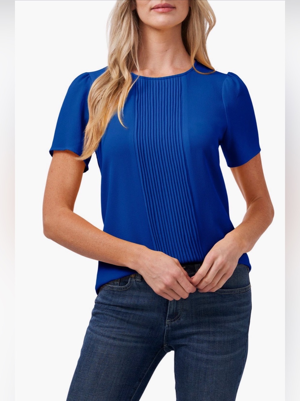 CeCe Blue Pleated Front Short Sleeve Blouse from Nordstrom - Large